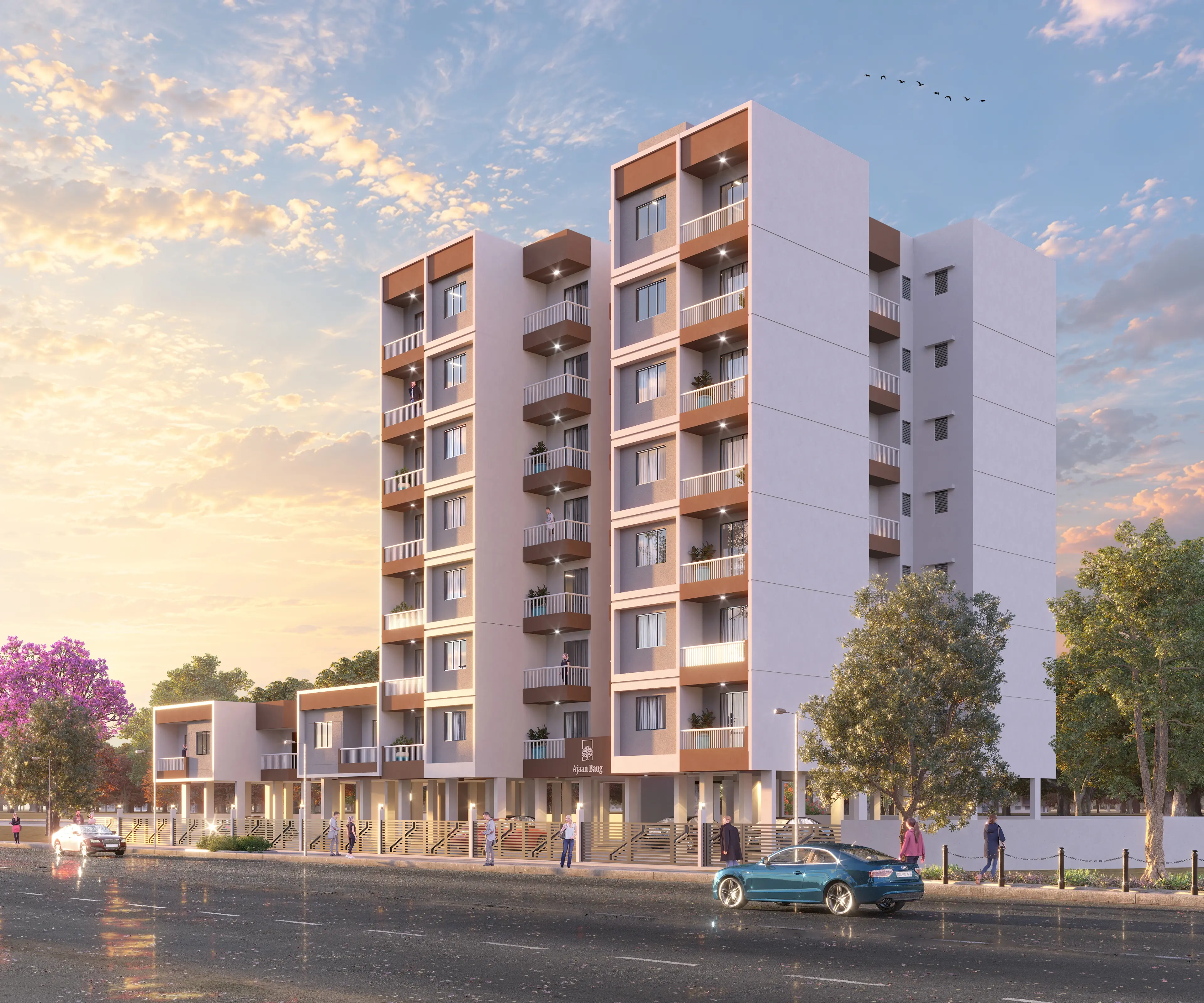 Ajaan Baug exterior render, twin towers with timber balconies