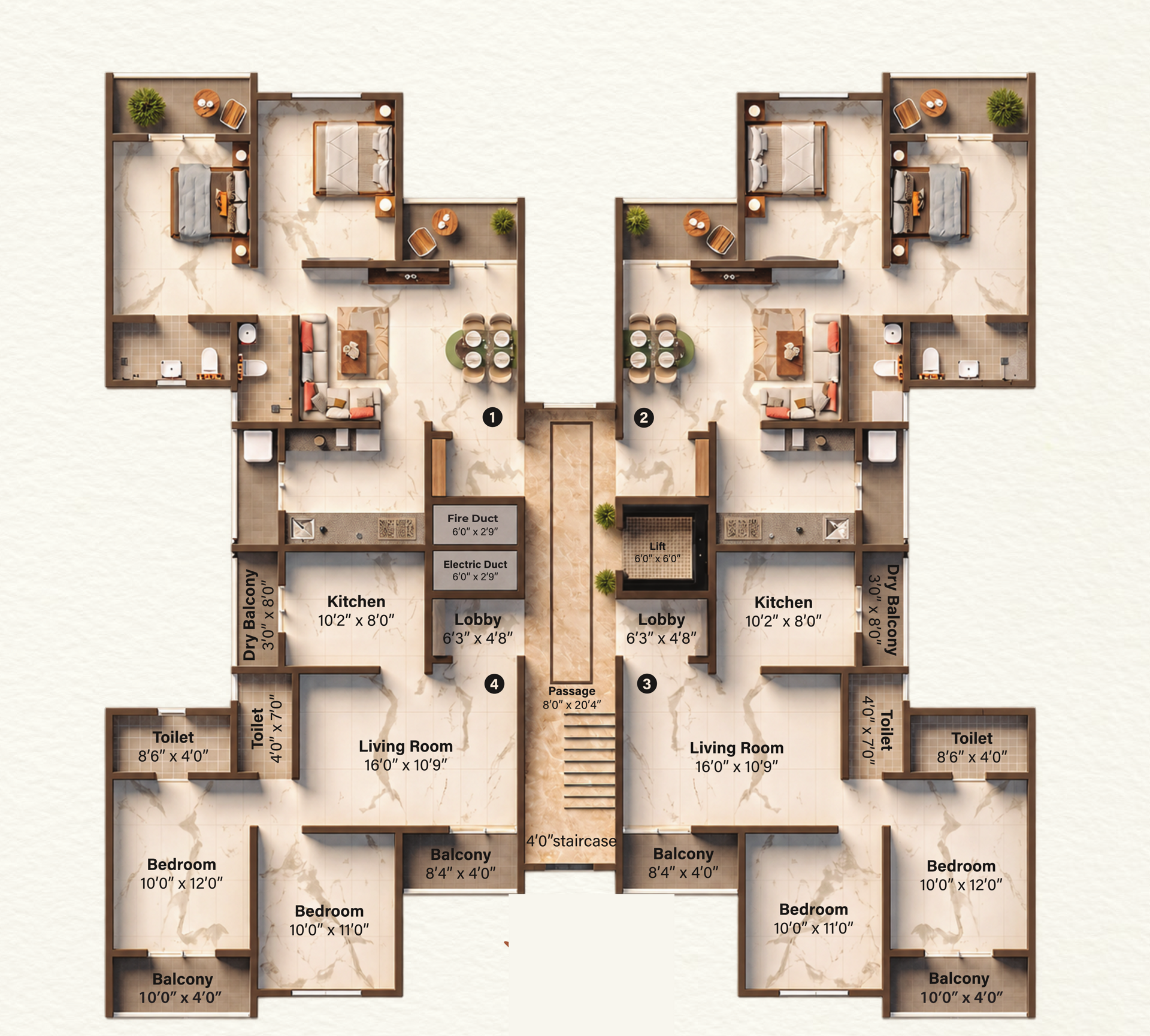 Furnished floor plan showing four 2 BHK homes around a central lobby