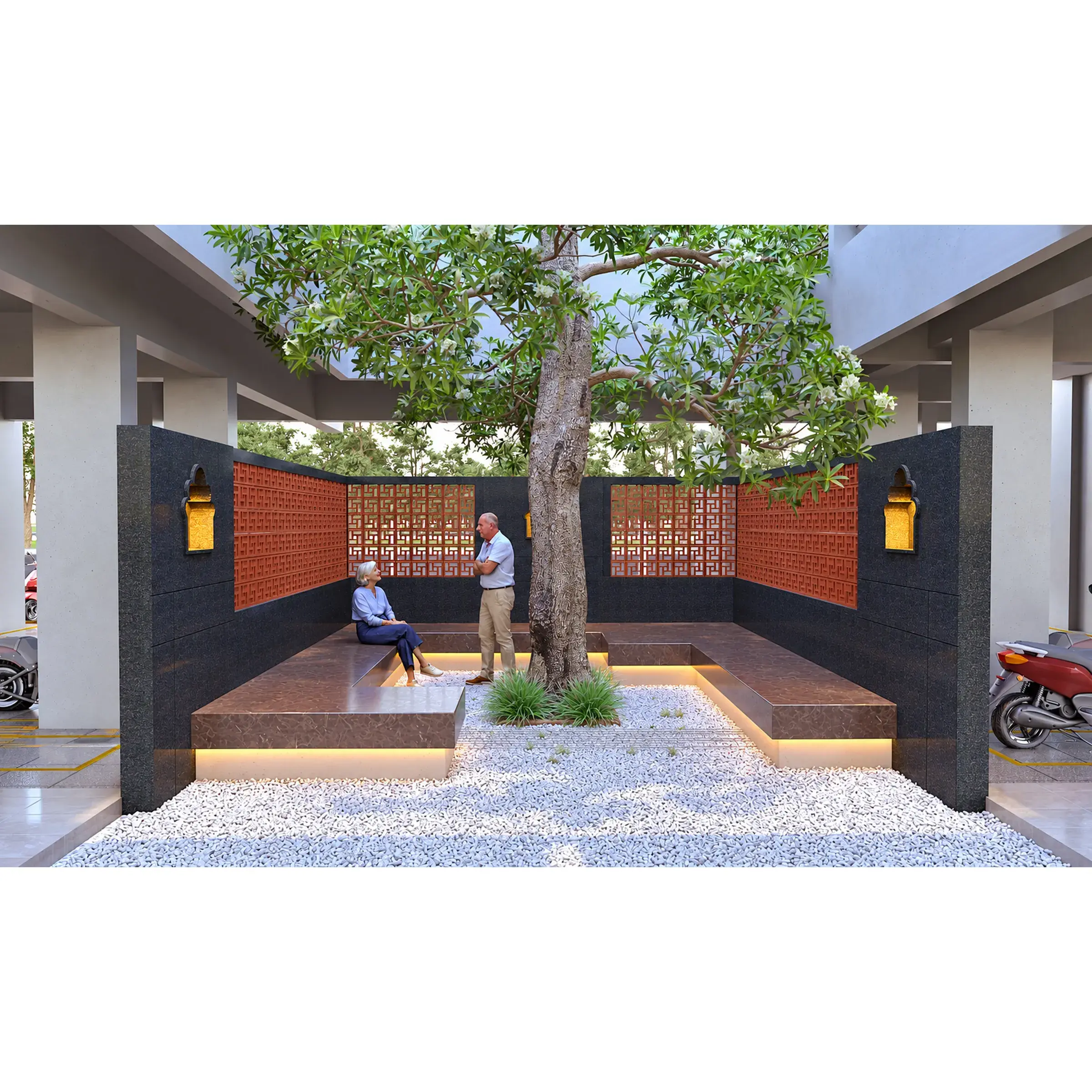 Timber tree pavilion with circular seating at the stilt level