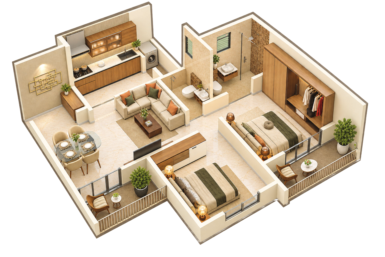 3D cutaway of a 2 BHK home showing living, kitchen, two bedrooms and bathrooms